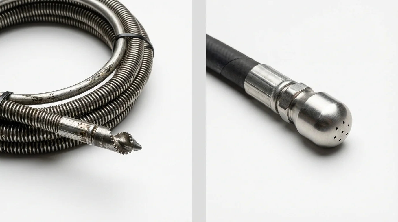 Drain snake cable and hydro jetting nozzle used for drain cleaning in Syracuse, KS