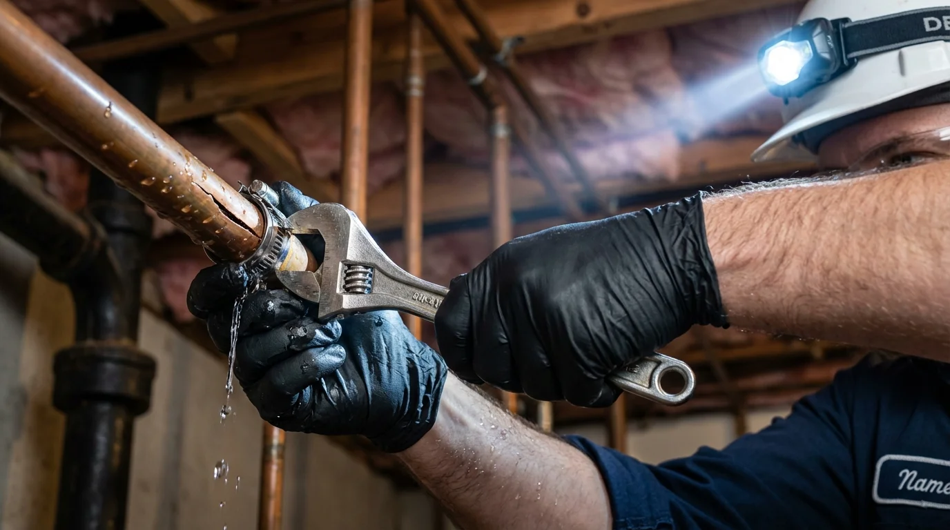 Emergency pipe clamp repair being performed by a Johns Plumbing LLC plumber in Syracuse