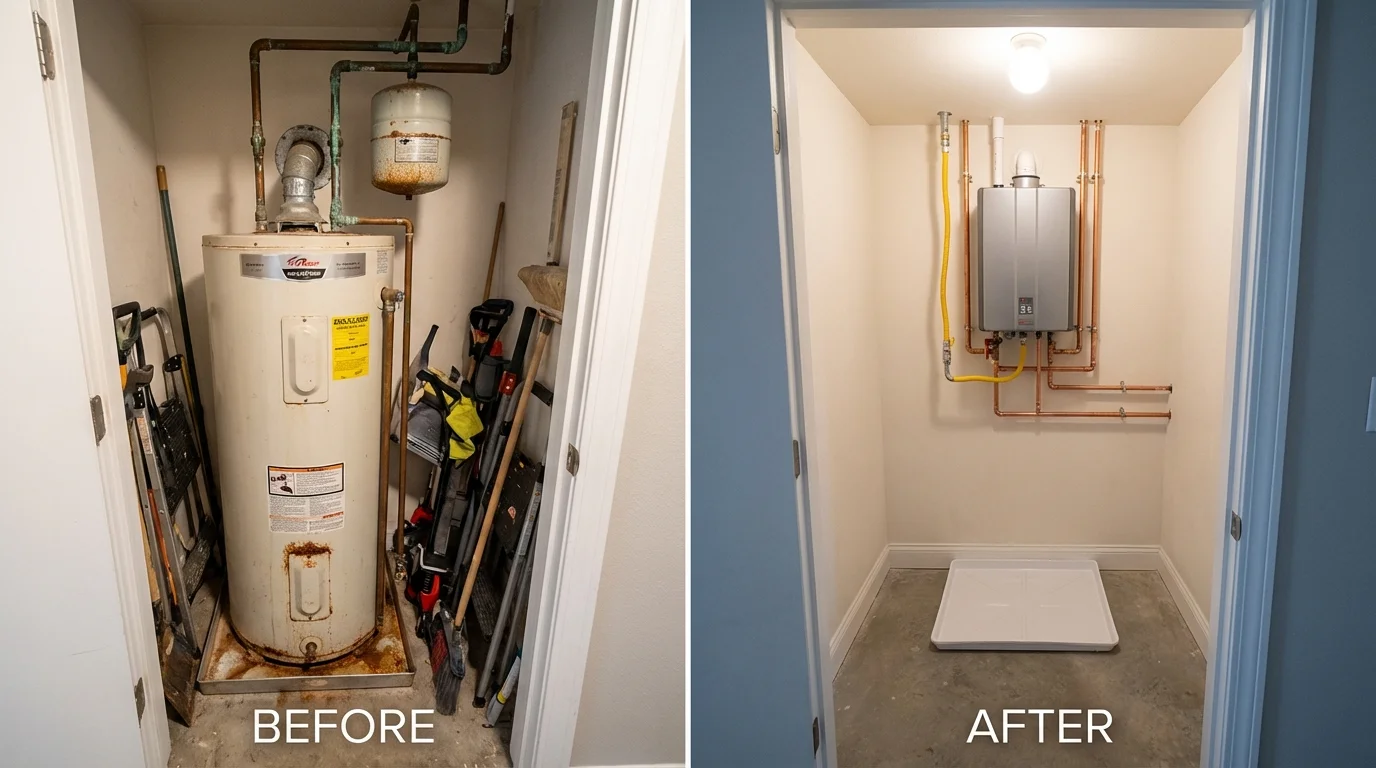 Tank water heater versus wall-mounted tankless unit comparison for Syracuse, KS homeowners