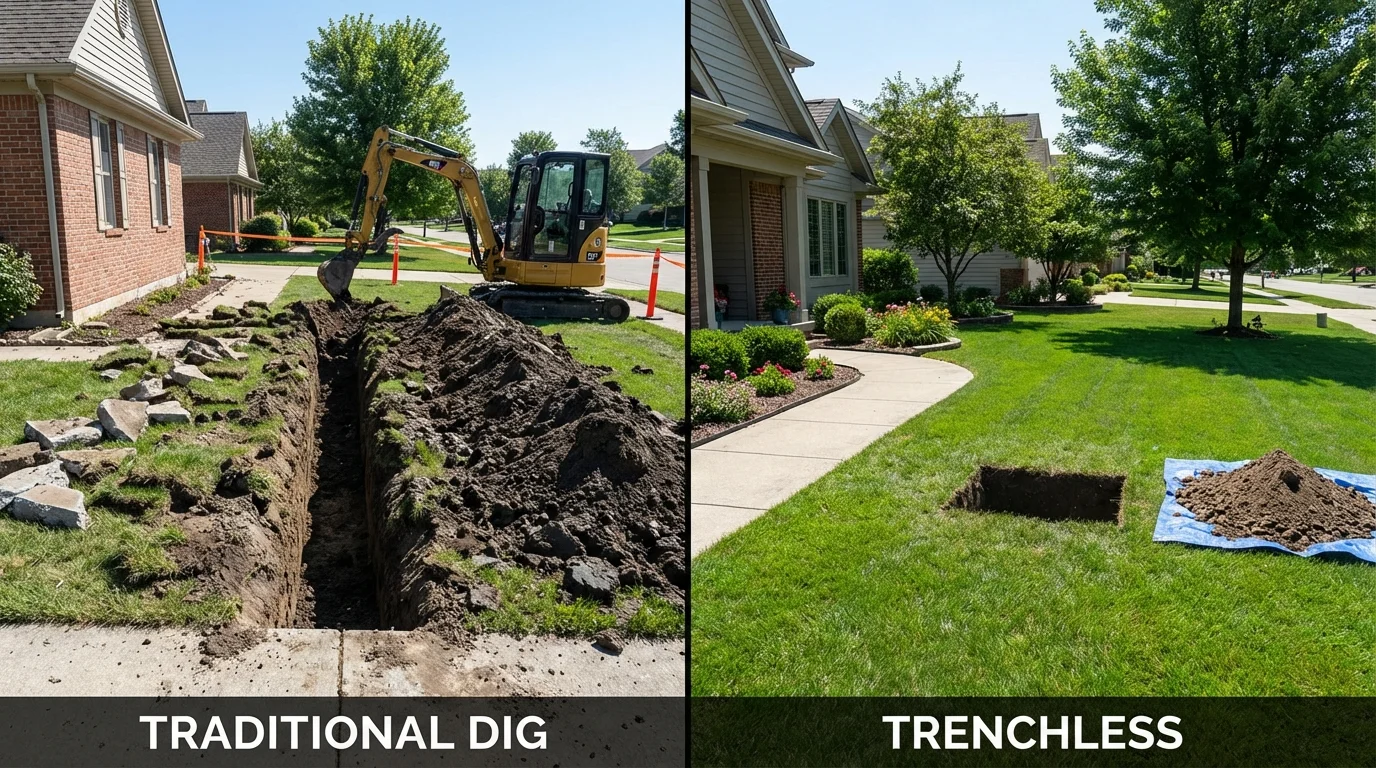 Trenchless sewer repair with minimal yard damage versus traditional excavation in Syracuse, KS