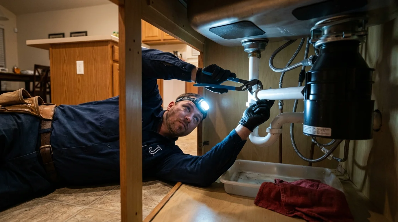 P-trap and supply line connections under a kitchen sink showing a common leak point in Syracuse, KS